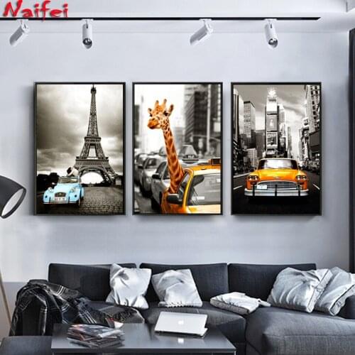 3 pcs Vintage Car City Giraffe diamond Paintings Abstract Wall Art diamond embroidery Triptych for Living Room Home Decoration