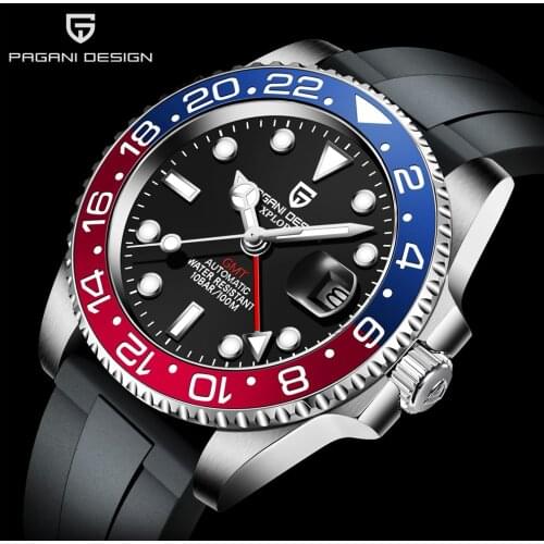 PAGANI DESIGN Mens Top Brand Sapphire Glass Stainless Steel Mechanical Watch 100M Waterproof GMT Automatic Watch Steeldive