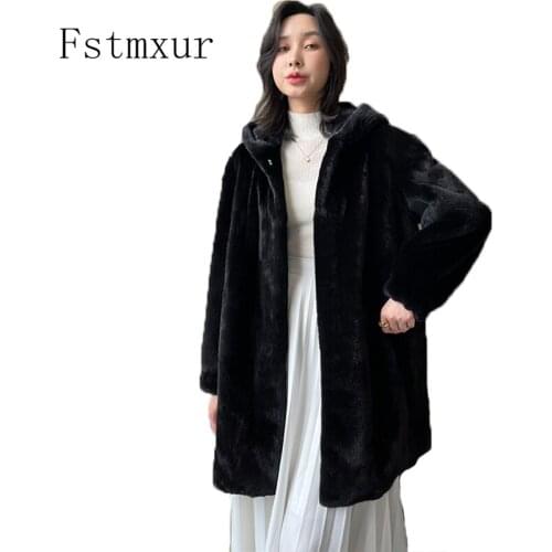 Fstmxur 2021 New Update Winter Copenhagen Imports Velvt Mink Fur Coat Womens Jacket Full Sleeve With Fur Hood Medium Mink Coats