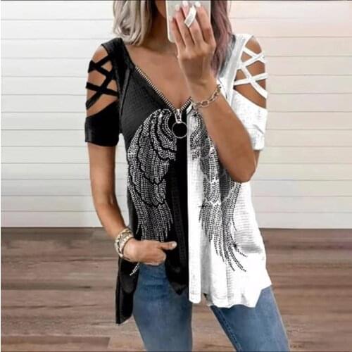 Women Tees Female Big Large Off Shoulder Summer Zipper Boho Sexy Casual Tops Femme Hole Out Ladies T Shirts Plus Sizes