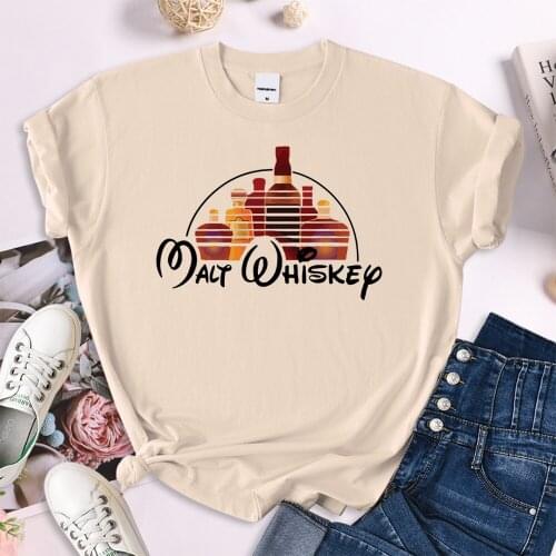 Malt Whiskep Pattern Printed T-Shirt Womens Harajukua Style Casual Female Tees Big Size Loose Woman’s Twelve Colors Clothes