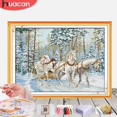 HUACAN Cross Stitch Horse Animals Needlework Sets For Full Kits White Canvas Embroidery Winter DIY Home Decor 14CT