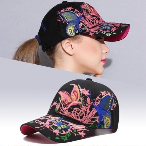 Female Fashion Flowers Butterfly Embroidery Cotton Baseball Caps Summer Women Adjustable Snapback Hat Hip Hop Fitted Cap Bone