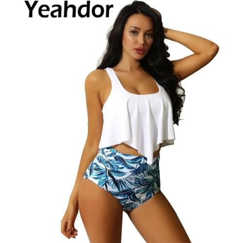 Sexy Womens Two Piece Monokini Bikini Set Swimwear Bathing Suits Beachwear Strappy Ruffled Flounce Top with High Waist Bottom