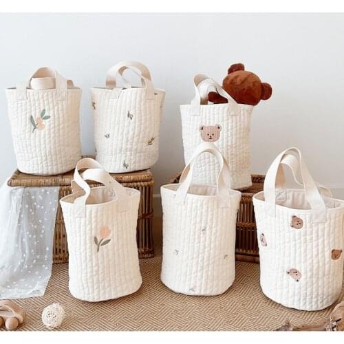 Korean Quilted Baby Storage Basket Bear Olive Tulip Embroidery Cotton Mini Toy Baskets for Baby Stuff Organizer Room Decoration