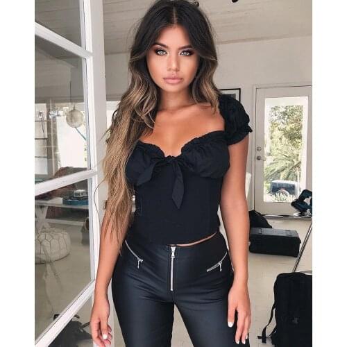 2020 Fashion Women Slim Fit Tank Crop Tops Front Bowknot Vest Top Blouses Stylish Puff Sleeve Blouse Clubwear Party Summer Tops