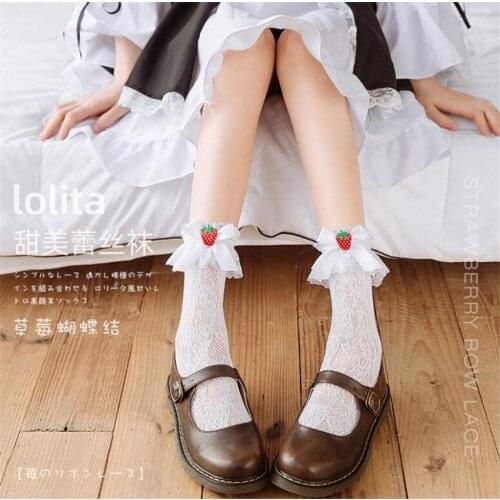 Lolita Strawberry Lace Stockings Flower Wdding JK Calf Socks Lolita Summer Socks B1756