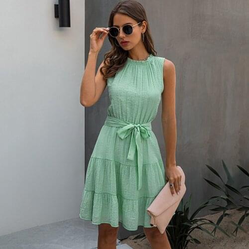 Summer Dress For Women Ruched Bow Belt Sleeveless Mini Short Dresses Elegant Ladies Fitted Clothing Party Night 2021 Clothes