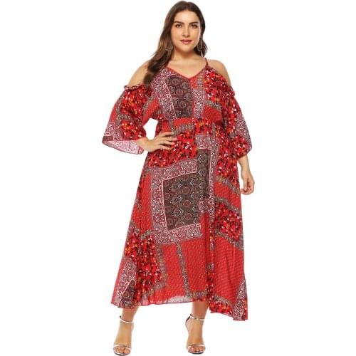Summer Off Shoulder Vintage Print Cotton Long Dress Women High Waist Plus Size Kaftan Robe Pleated Tunic Party Vestido Femme