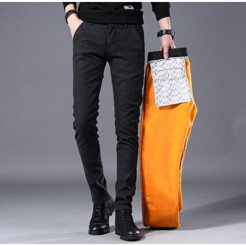 Brand Mens winter Fleece Fluff Thicken warm Pants men Business cotton Slim Skinny Elastic Fleece Thick Casual trousers male new