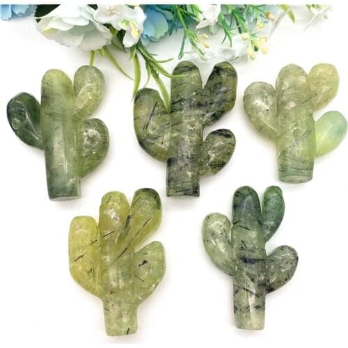 Drop Shipping 1PC Natural Prehnite Carved Crystal Cactus Figurine Healing Crystals Feng Shui Natural Stones and Crystals