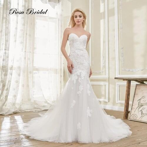 Rosabridal Mermaid Wedding Dress Strapless Sweetheart Neckline Ivory beading lace appliques over tulle Trumpet Bridal Gown
