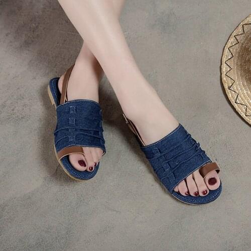 2021 New Summer Women Flat Sandals Peep Toe Buckle Strap Sandals Female Fashion Casual Womens Summer Shoes Denim Sandales