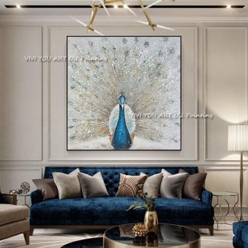 Grey Blue Peacock Wall Art Oil Canvas Painting Modern Porch Posters 100% Handmade Pictures For Living Room Home Corridor Decor
