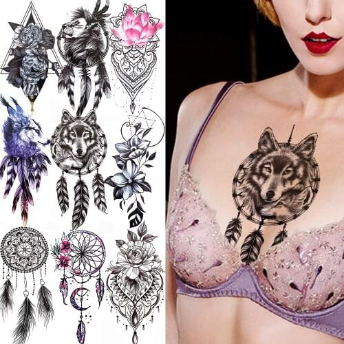 Wolf Dream Catcher Feather Temporary Tattoo Lion Lace Lotus Lily Moon Black Tattoo Sticker For Women Fake Jewelry Body Art Tatoo