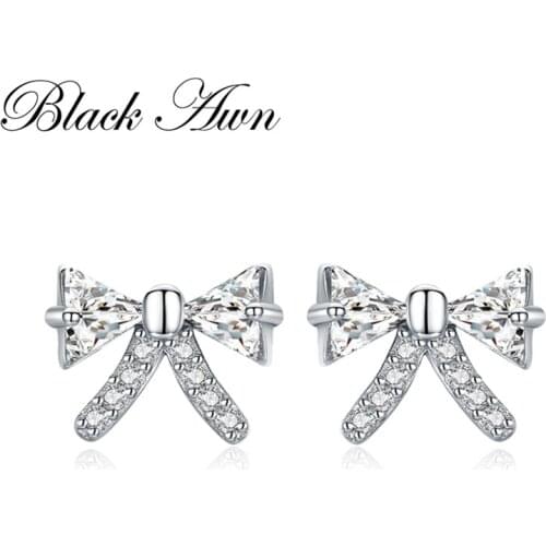 [BLACK AWN] 925 Sterling Silver Earrings Trendy Bow-knot Stud Earrings for Women Female Bijoux I108