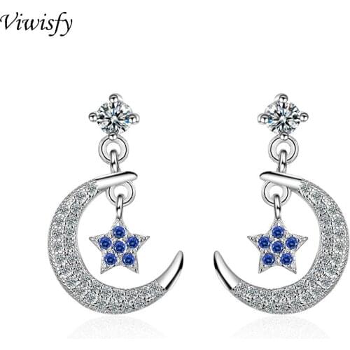 Viwisfy Moon Star Crystal Real 925 Sterling Silver Earrings Stud For Women VW21065
