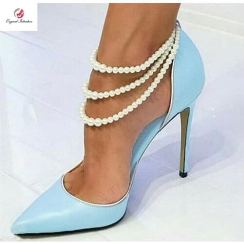 Original Intention Elegant Sky Blue Pearls Ankle Chain Pumps Woman Pointed Toe Thin High Heels Buty Damskie Wedding Party Shoes