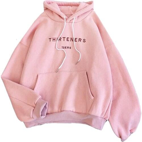 Fashion Pocket Ins Plus Velvet Winter Hooded Women Sweatshirt New Harajuku Casual Coat Large Size Loose Pink Pullover XXL=50