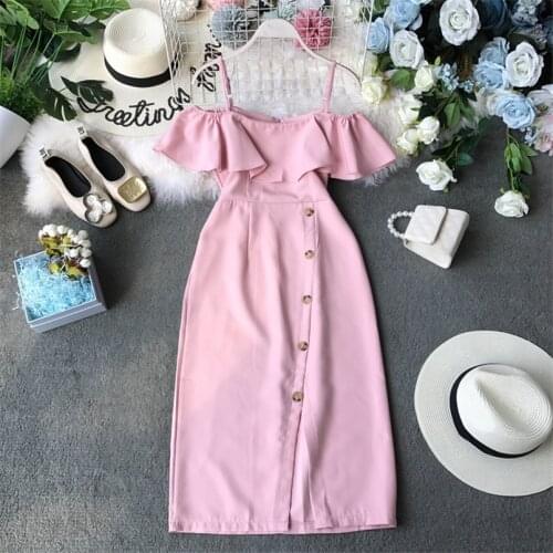 Button Slim Ruffles 2021 Sexy Off Shoulder Summer Midi Long Dress Party Spaghetti Strap Women Casual Split elegant tunic dress