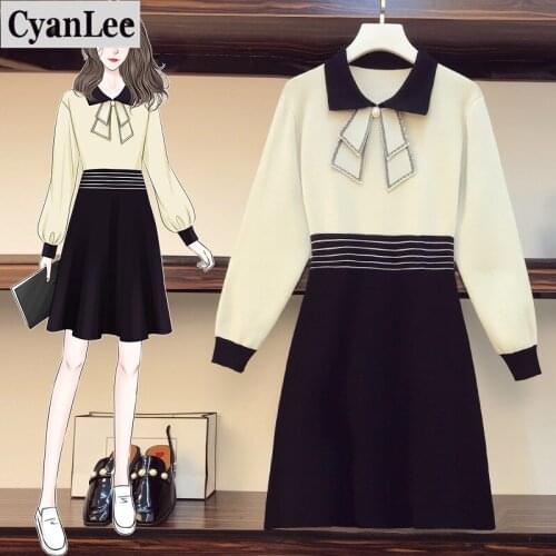 Cyanlee plus size women winter warm knitted sweater dresses elegant striped patchwork bow collar long sleeve knitting vestidos