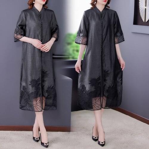 2021 Summer Vintage Black Mulberry Silk Midi Dress Spring Fashion Casual Elegant Embroidery Dresses Women Bodycon Party Vestidos