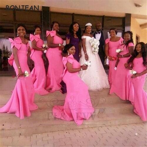 2021 African Fuchsia Bridesmaid Dresses Long Elastic Satin Cap Sleeves Black Girls Bridesmaid Dress Wedding Party Gowns