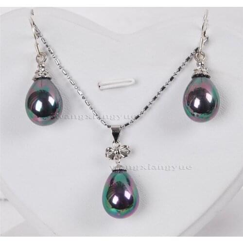 Free Deliver Nobility Lucky Women 12x16mm South Black Sea Shell Pearl Earrings Pendant Necklace Set Hook $ Luxury Girls -jewelry