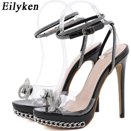Eilyken Sexy Party Nightclub Stripper Heels Fashion Crystal Bowknot PVC Transparent Women Sandals Open Toe Buckle Strap Shoes