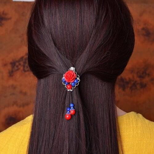 Ethnic Ancient Style Classical Hair Jewelry Temperamental Cinnabar Synthetic Flower Red Color Stone Pendant Hairpin Clip