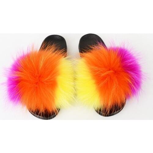 Real Raccoon Fur Womens Slippers New Summer Natural Raccoon Fur Vertical Pattern Plush Cute Plus Size Indoor Sandals TX44