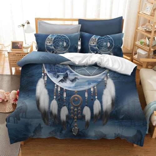 3D Digital Printing Vintage Bohemia Moon Dream Catcher Howling Wolf King Wolves Snow Mountain Bedding Set