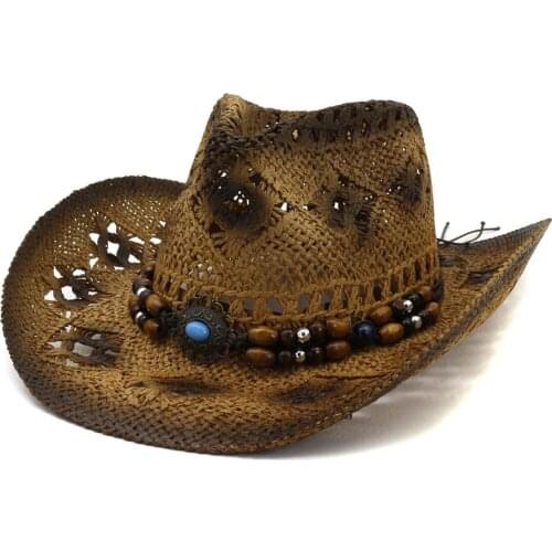 Western Cowboy Cap Men Paper Straw Hat for Women Crochet Hats Hollowout Style Vintage Beach Caps Wood Bead Accessory for Lady