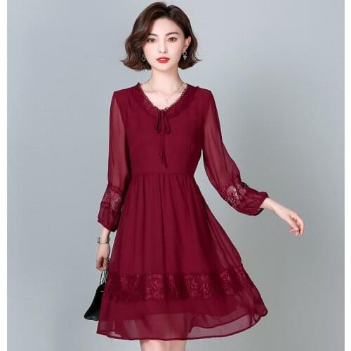 Summer lace dress women casual ruffled bow V-neck loose chiffon dress ladies fashion work knee-length dress midi plus size 6XL
