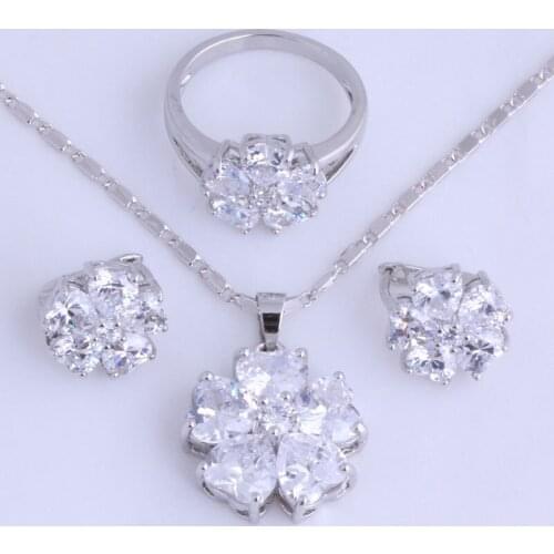 Love Monologue Everlasting White Cubic Zirconia Flower Silver Color Necklace Pendant Hoop Earrings Rings Jewelry Sets H0022