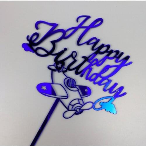 New Boy Airplane Acrylic Happy Birthday Cake Topper Blue Glitter Birthday Cake Topper for Boys Birthday Party Cake Decorations