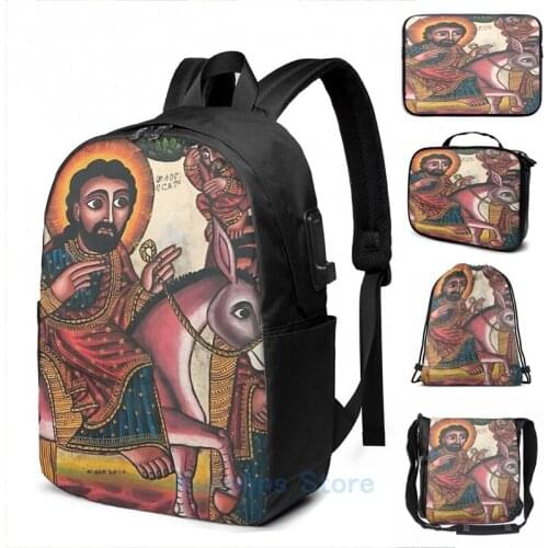 Graphic print Hosanna Ethiopian Icon of the Entry into Jerusalem USB Charge Backpack men School bags Women bag Travel laptop bag