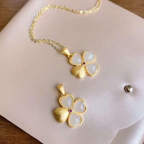 Silver inlaid natural Hetian white jade four leaf grass Pendant Necklace Chinese style retro romantic charm womens jewelry