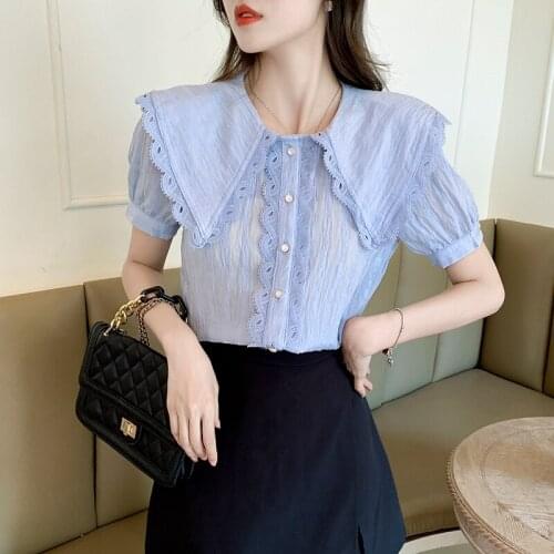 Doll collar lace blouse women 2021 new summer shirt design niche French style thin short-sleeved chiffon blouse