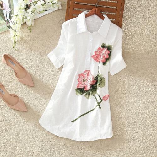 White Long Shirt Women Office Blouse Plus size Cotton Linen Vintage Embroidery Short sleeve Ladies Summer Tops Casual 4XL 5XL