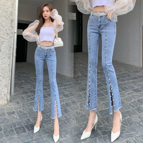 Spring and autumn new jeans high waist micro flared jeans women beaded split straight cropped trousers woman fashion jeans 577