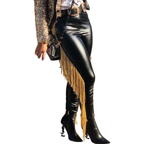 2020 High Waist PU Leather Pants Women Trousers Tassel Push Up Skinny Pencil Pants Ladies Streetwear Gothic Party Pantalon Femme