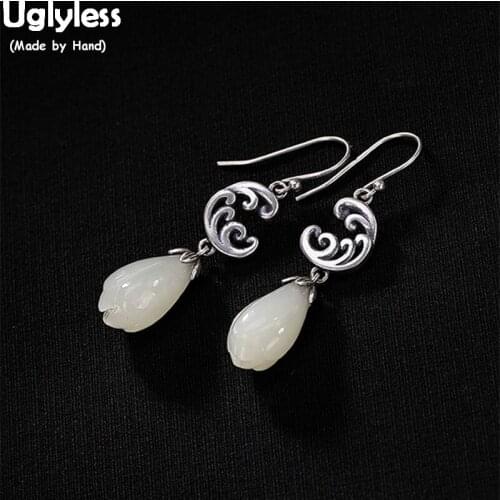 Uglyless Handmade Carved Wave Earrings for Women Ethnic Thai Silver Fine Jewelry Real Solid 925 Silver Jade Flower Earrings Gems