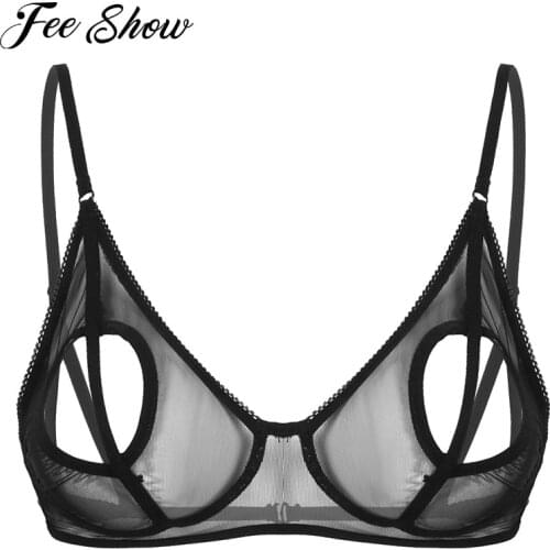 Womens Naughty See Through Sheer Mesh Female Lingerie Bralette Bustier Straps Heart Shape Wire-free Unlined Triangle Cup Bra Top