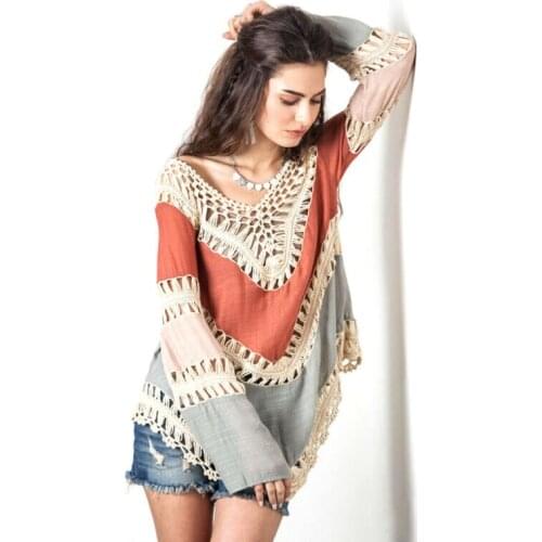 2019 New Casual Women Vintage Style Fitted Crochet Cutout Long Sleeve Splicing Hollow Out Knitwear Tops