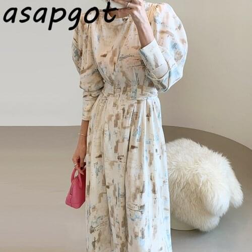 Korea Chic Elegant Round Neck Geometric Print Dress Women Lace Up Waist Over Knee Mid Length Lantern Sleeve Dress Retro Vestido