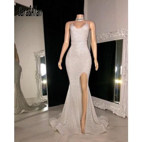 Simple Side Split Prom Dresses Sequin Mermaid Evening Gowns Backless robe de soirée de mariage Women Party Wear