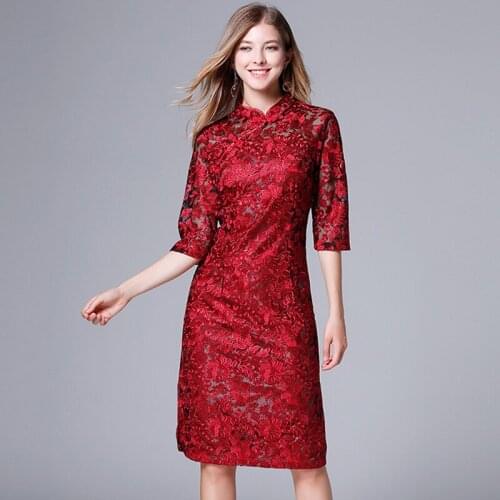 2020 Spring Fall Women Vintage Clothes , Embroidery Lace Slim 3/4 Sleeve Red Cheongsam Dress , 4xl 5xl Dresses for Woman