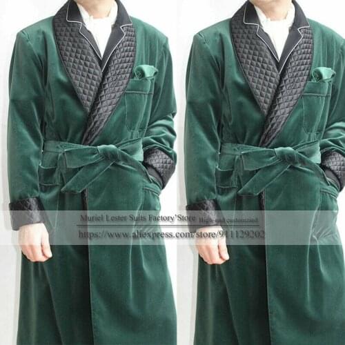 Winter Men Long Black Peak Lapel Jacket Vintage Smoking Suits Green Wedding Robes Velet Overcoat Custom Made Blazer Veste Homme