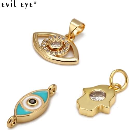 Evil Eye 1pcs Fatima Hamsa Hand Turkish Eye Charm Pendant Gold Color Copper Pendant for Necklace Bracelet Jewelry Making BE84